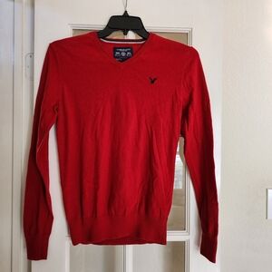 American Eagle Men's Red Athletic Fit Cotton V Neck Sweater 90s Retro Soft Small